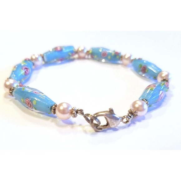 Blue Lampwork Bead Bracelet, Swarovski Pearls and Sterling Lobster Claw Clasp - Picture 2 of 3